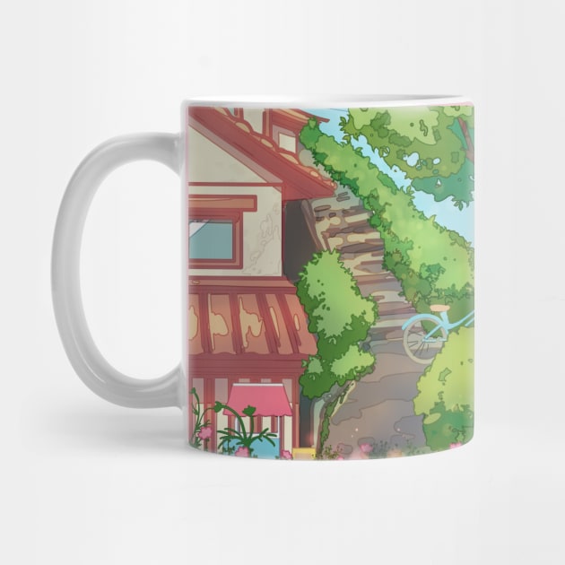 The cute Japanese landscape view with the traditional house, blue sky, and pink flowers. A great aesthetic  gift for those who love nature, Japan, anime and manga style by AnGo